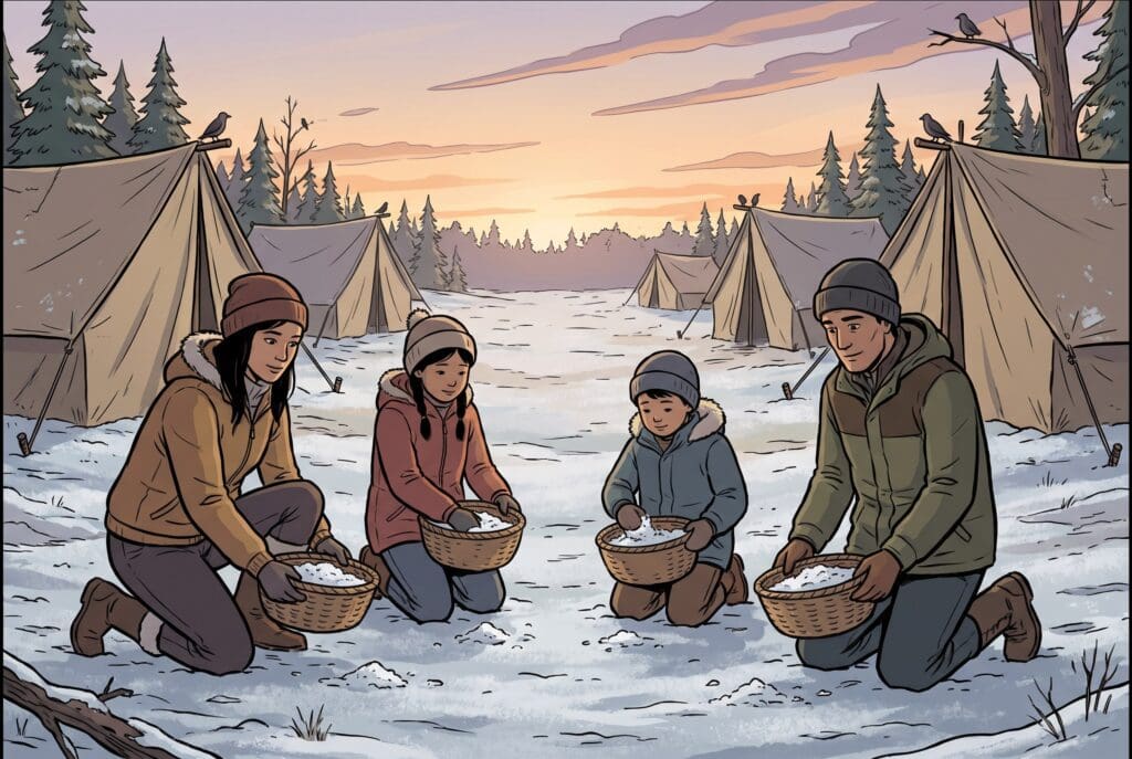 Comic book style illustration depicting a scene from Exodus chapter 16