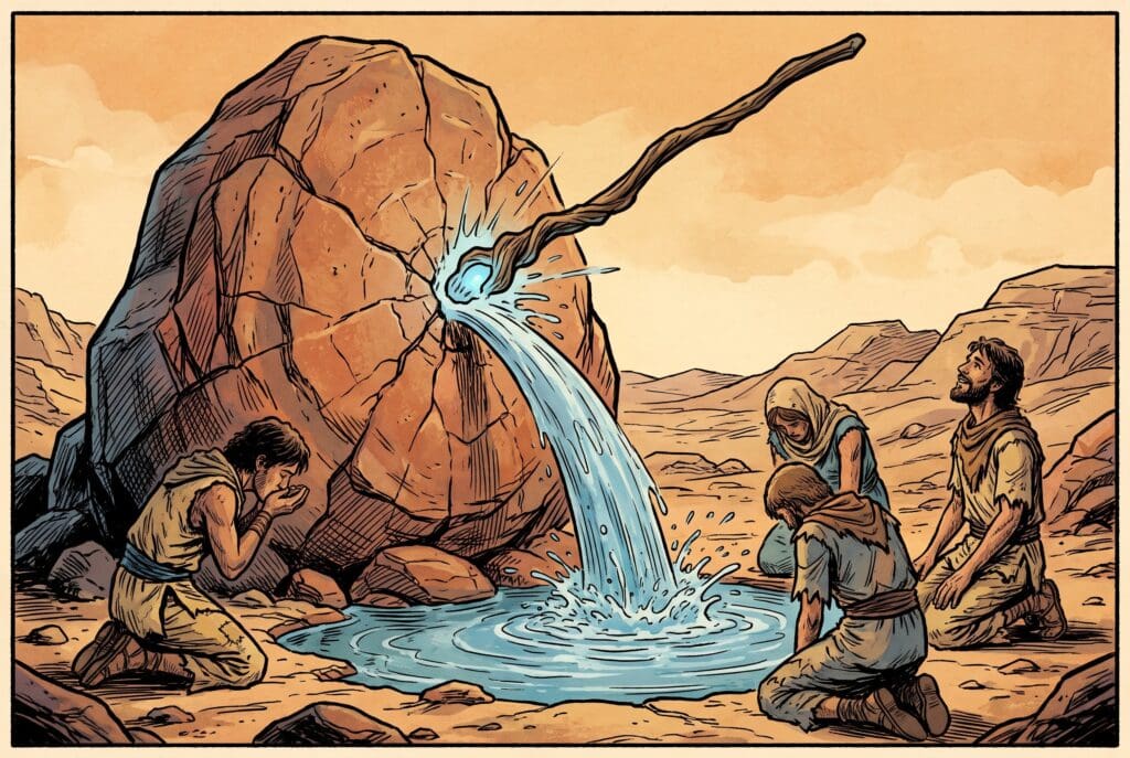 Comic book style illustration depicting a scene from Exodus chapter 17