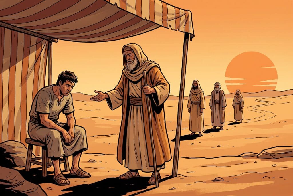 Comic book style illustration depicting a scene from Exodus chapter 18
