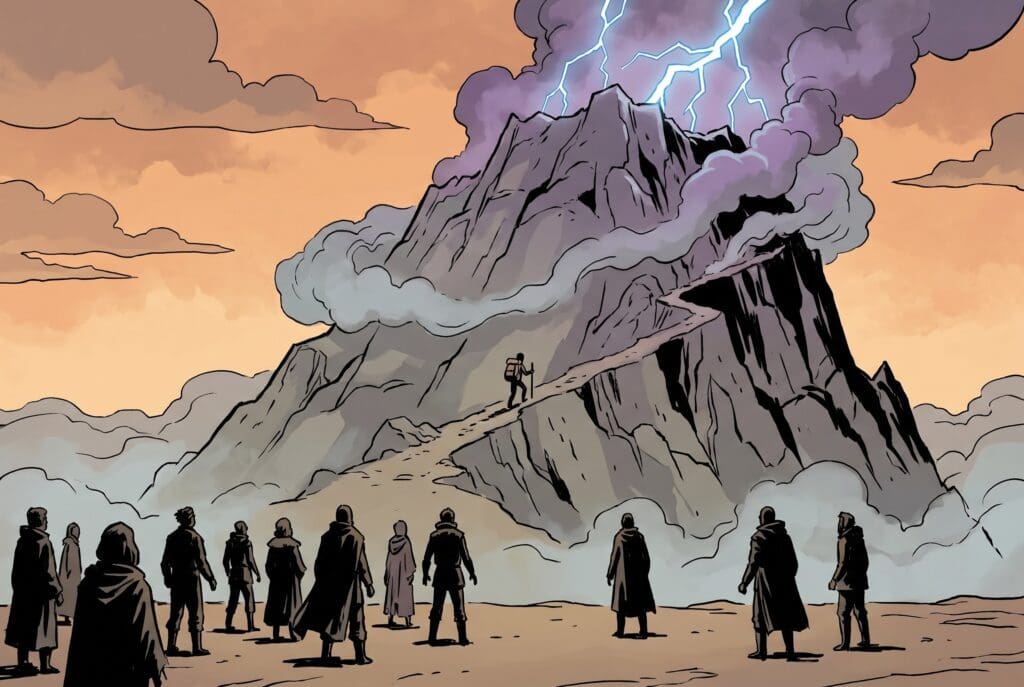 Comic book style illustration depicting a scene from Exodus chapter 19