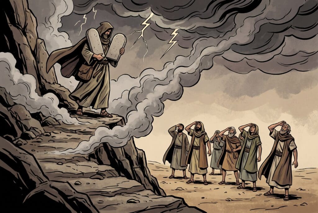 Comic book style illustration depicting a scene from Exodus chapter 20