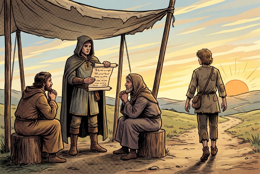 Comic book style illustration depicting a scene from Exodus chapter 21