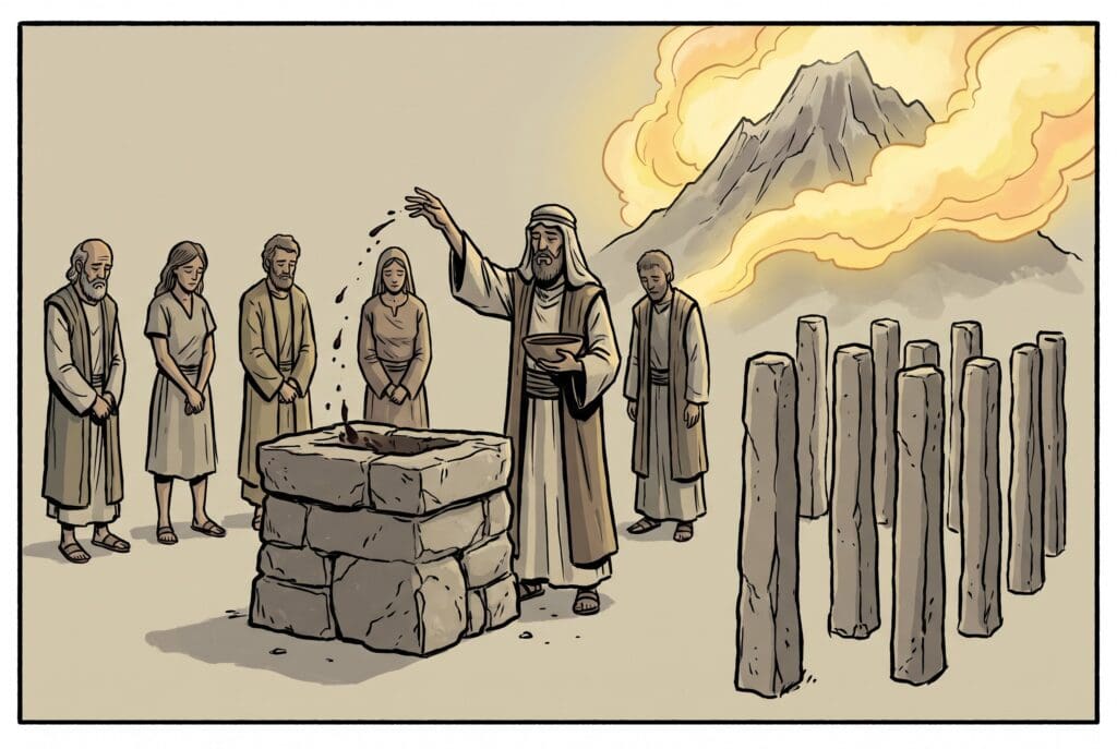Comic book style illustration depicting a scene from Exodus chapter 24