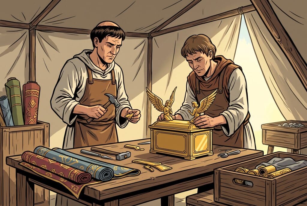 Comic book style illustration depicting a scene from Exodus chapter 25