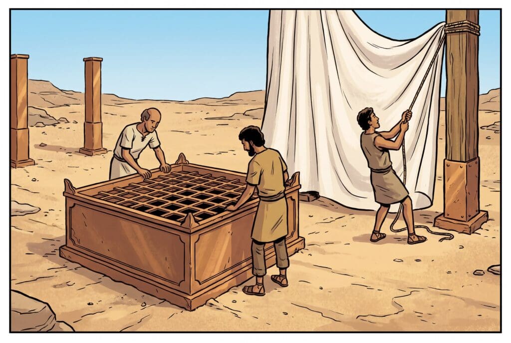 Comic book style illustration depicting a scene from Exodus chapter 27