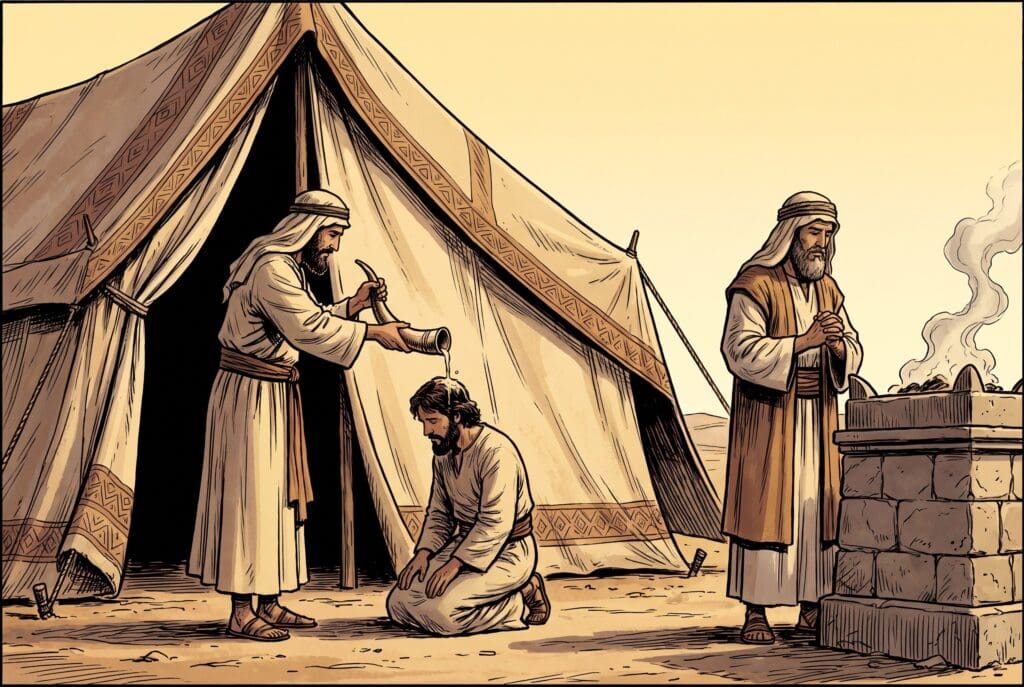 Comic book style illustration depicting a scene from Exodus chapter 29