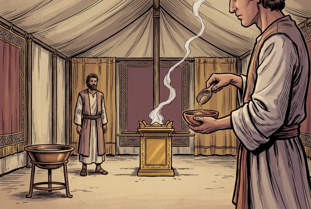 Comic book style illustration depicting a scene from Exodus chapter 30