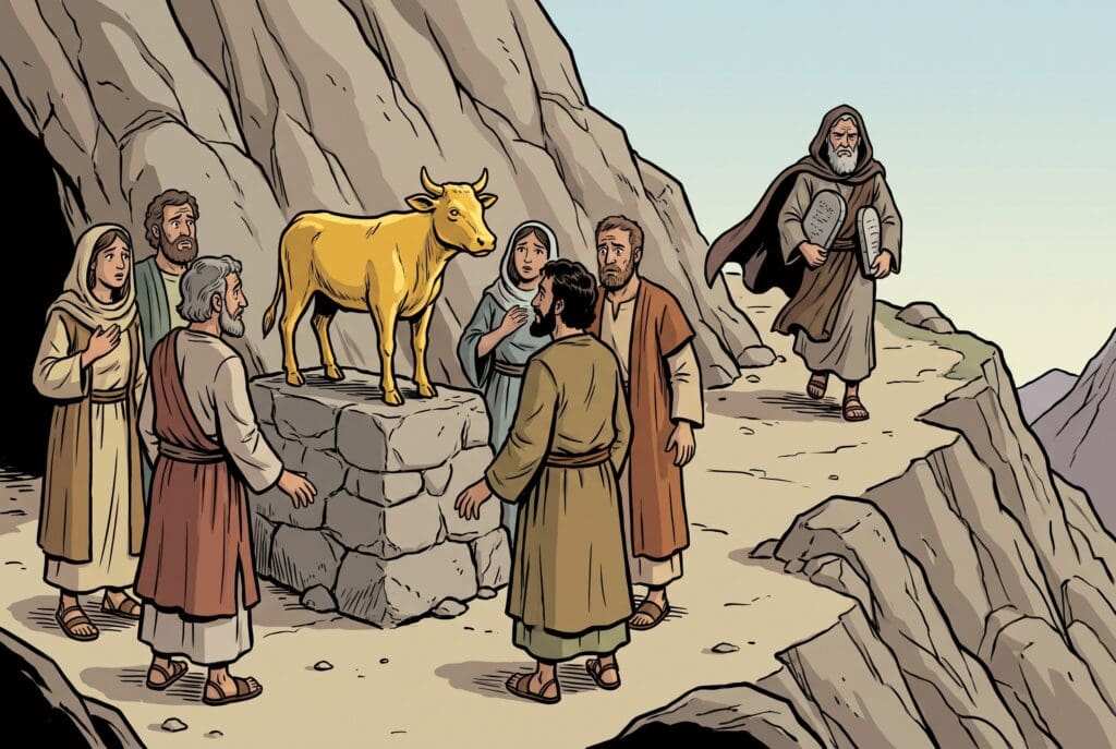 Comic book style illustration depicting a scene from Exodus chapter 32