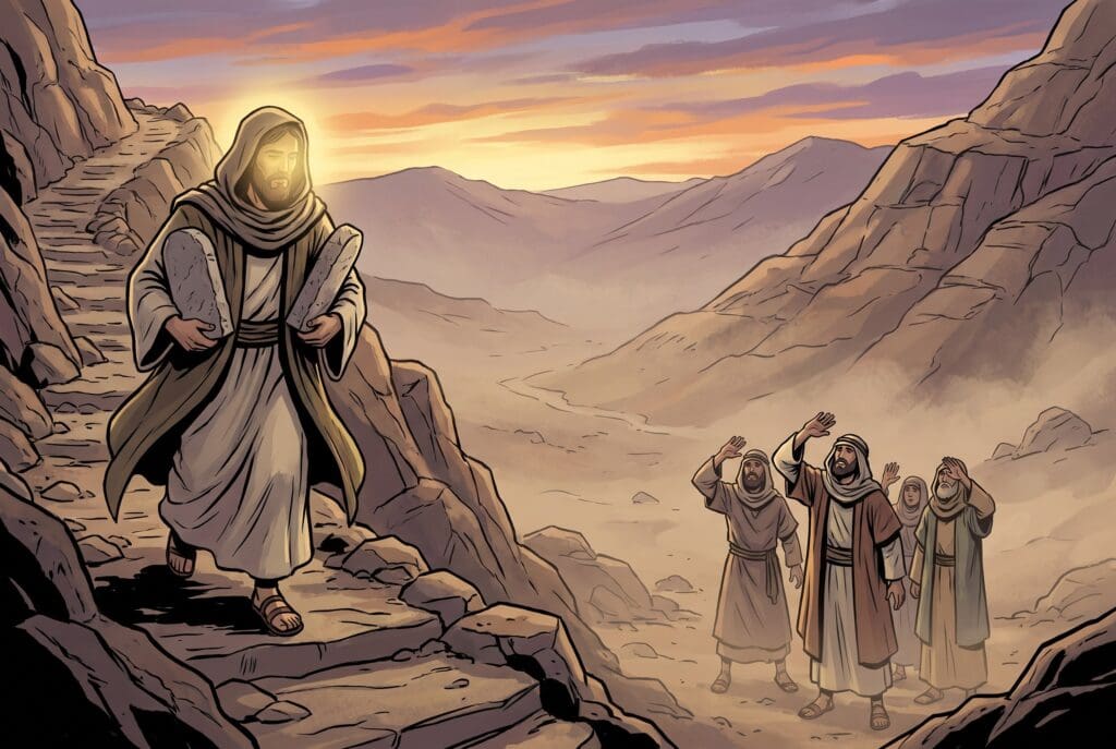 Comic book style illustration depicting a scene from Exodus chapter 34
