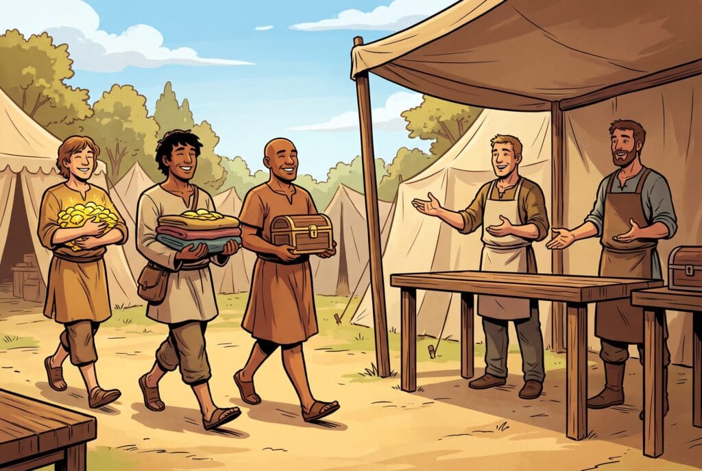 Comic book style illustration depicting a scene from Exodus chapter 35
