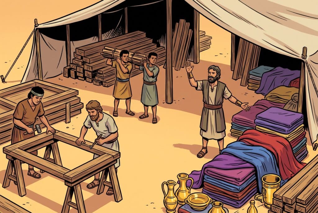 Comic book style illustration depicting a scene from Exodus chapter 36