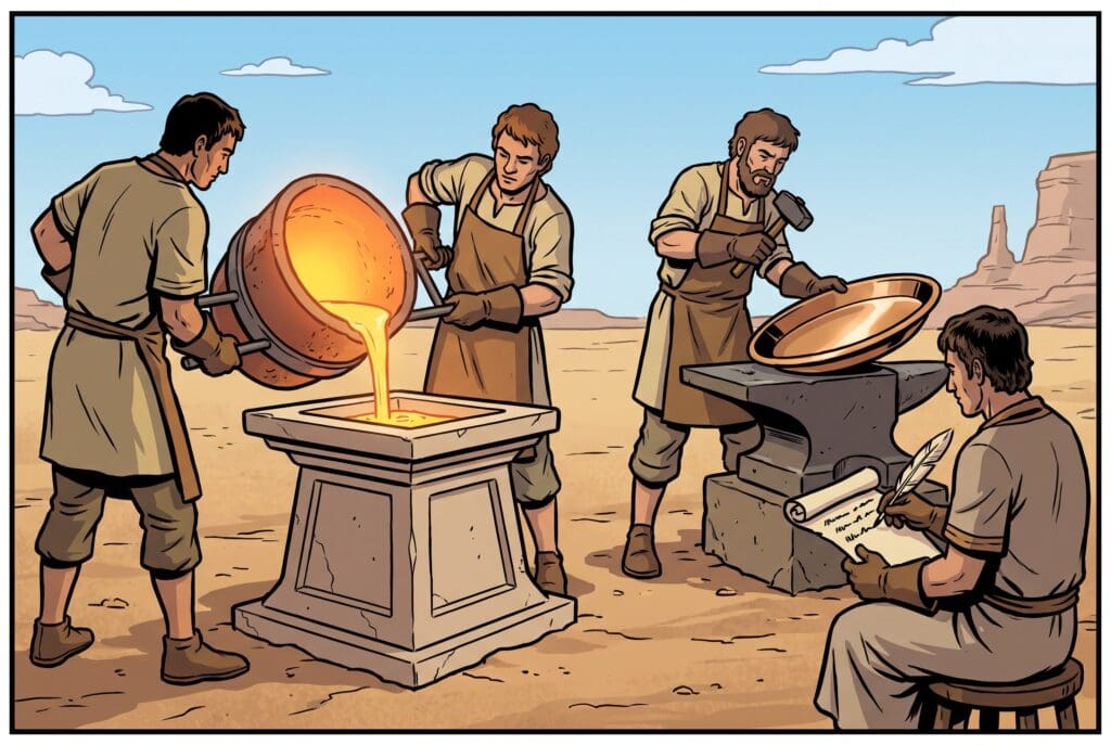 Comic book style illustration depicting a scene from Exodus chapter 38
