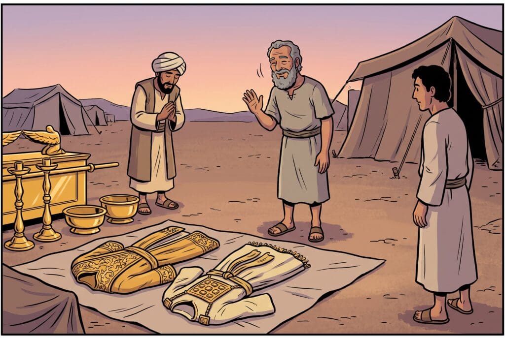 Comic book style illustration depicting a scene from Exodus chapter 39