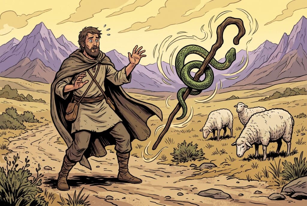 Comic book style illustration depicting a scene from Exodus chapter 4