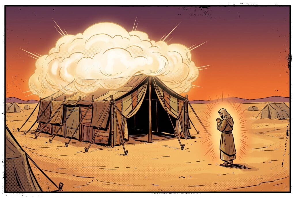 Comic book style illustration depicting a scene from Exodus chapter 40