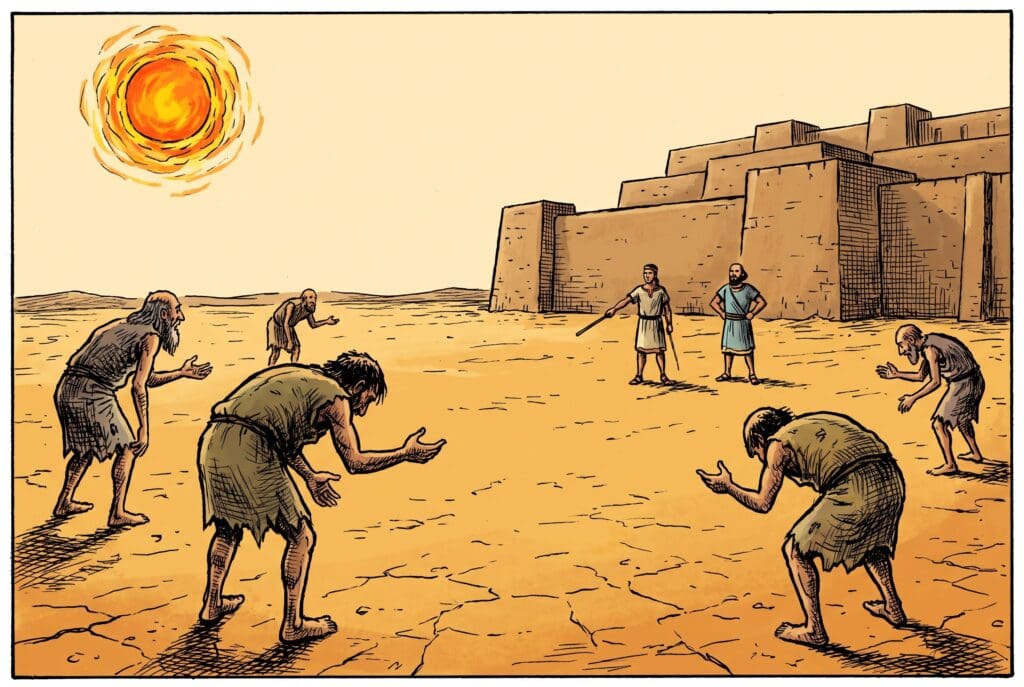 Comic book style illustration depicting a scene from Exodus chapter 5