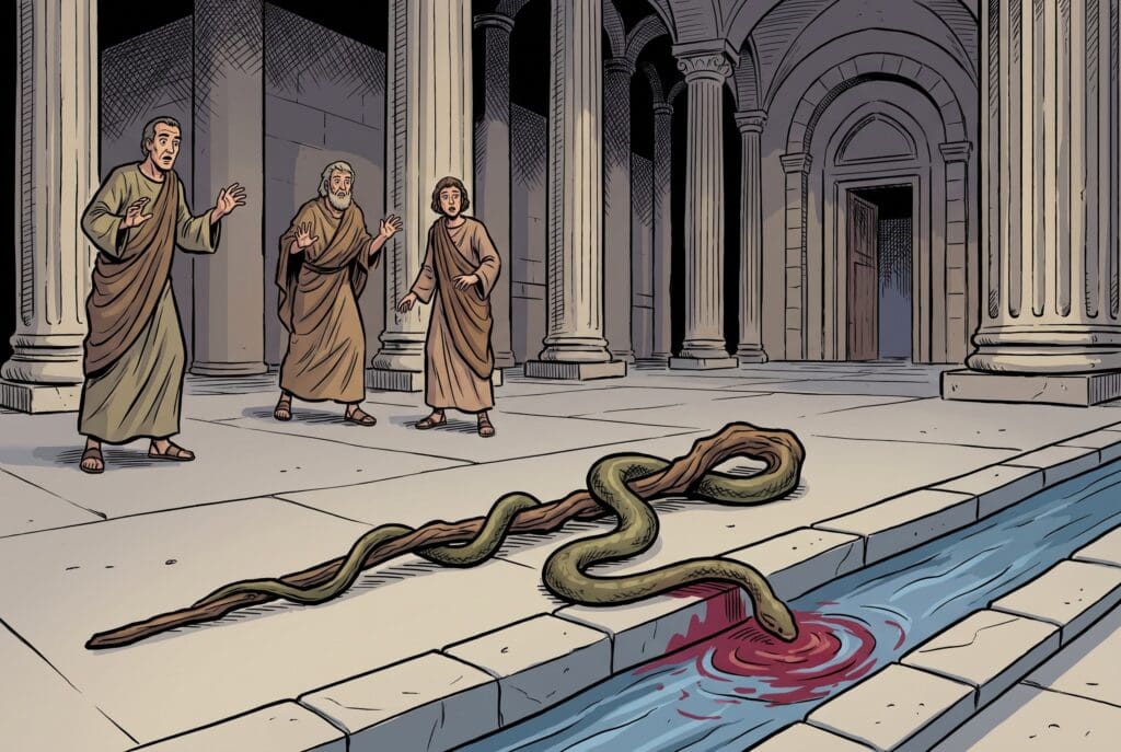 Comic book style illustration depicting a scene from Exodus chapter 7