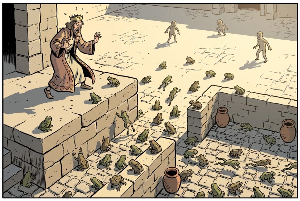 Comic book style illustration depicting a scene from Exodus chapter 8
