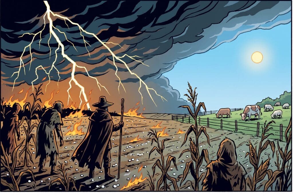 Comic book style illustration depicting a scene from Exodus chapter 9