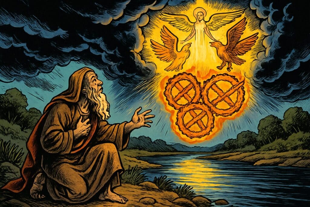 Comic book style illustration depicting a scene from Ezekiel chapter 1