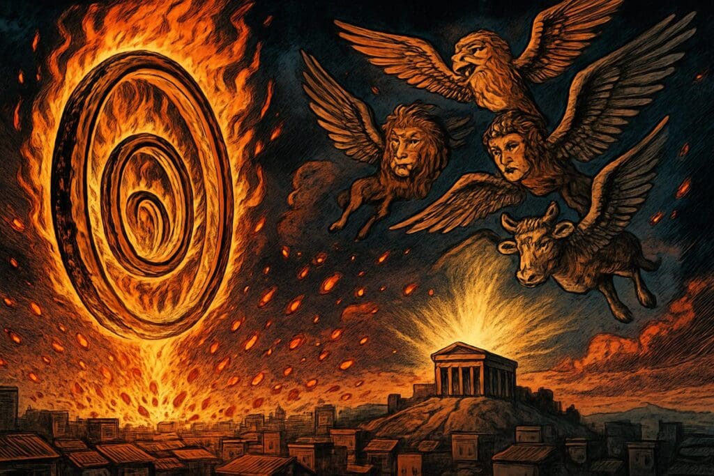 Comic book style illustration depicting a scene from Ezekiel chapter 10