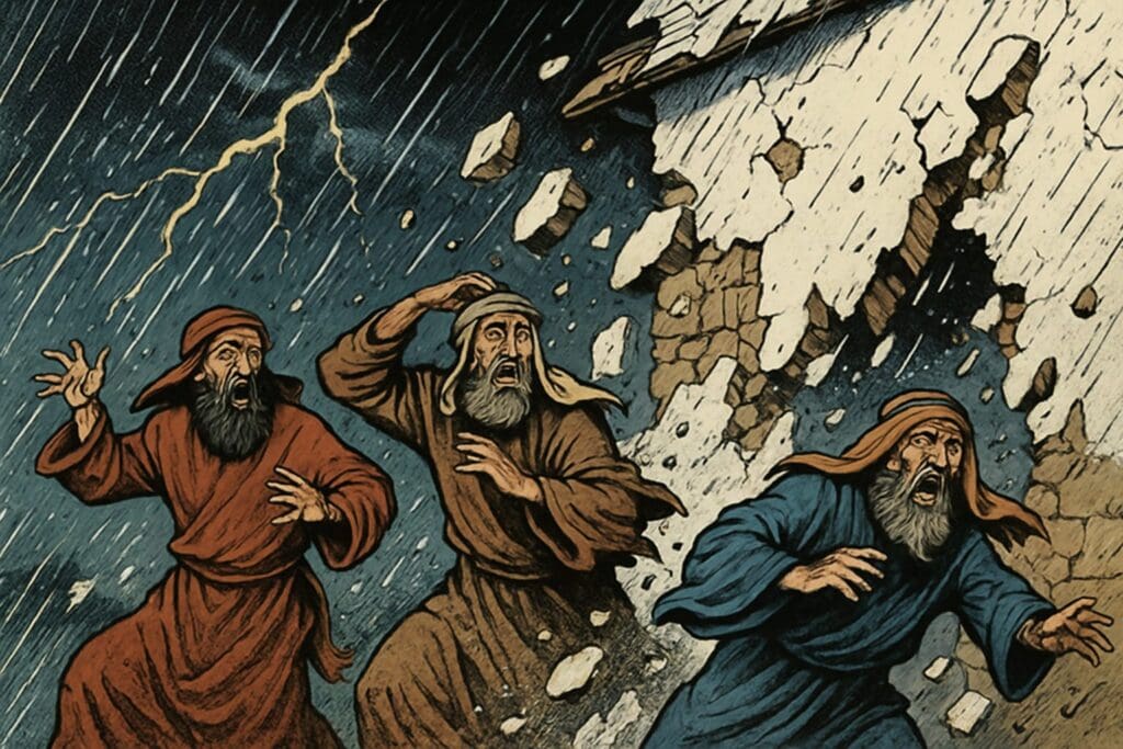 Comic book style illustration depicting a scene from Ezekiel chapter 13