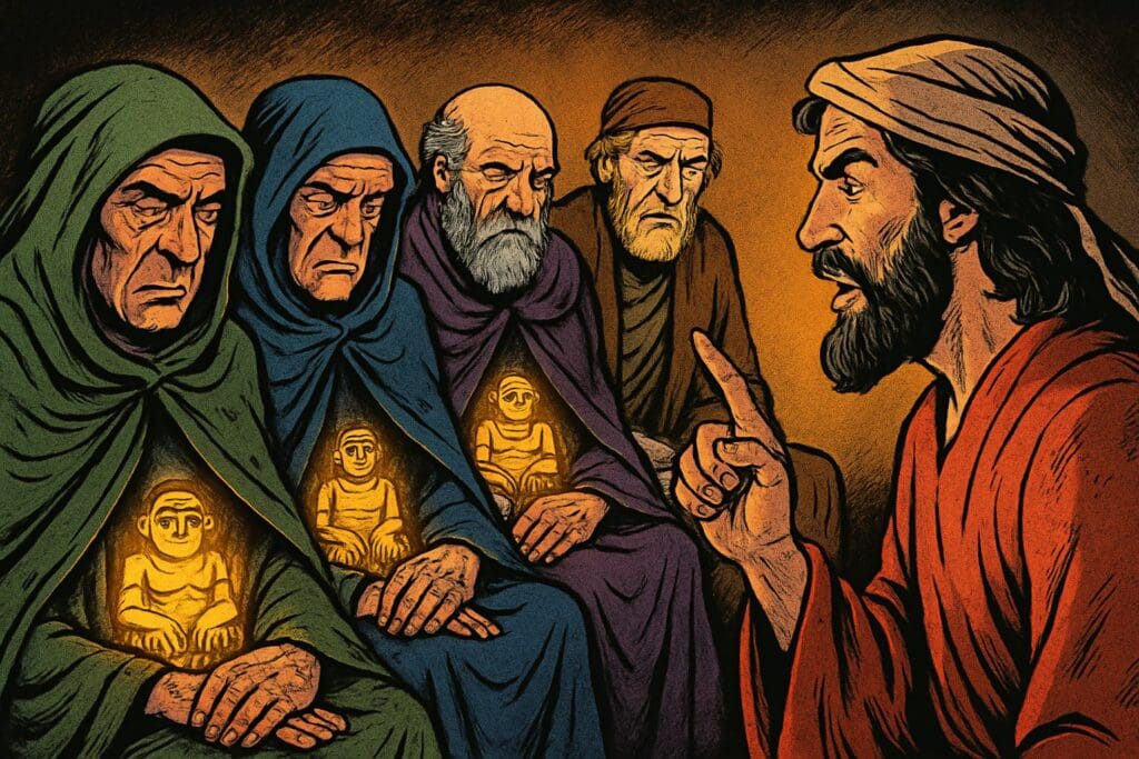 Comic book style illustration depicting a scene from Ezekiel chapter 14