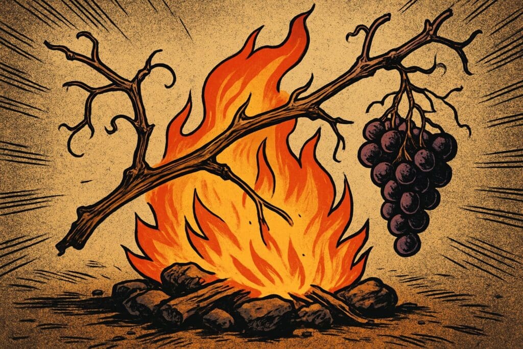 Comic book style illustration depicting a scene from Ezekiel chapter 15