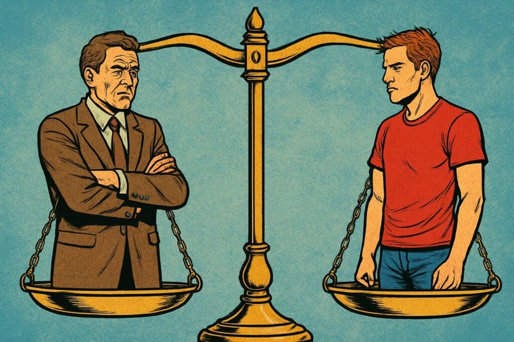 Comic book style illustration depicting a scene from Ezekiel chapter 18