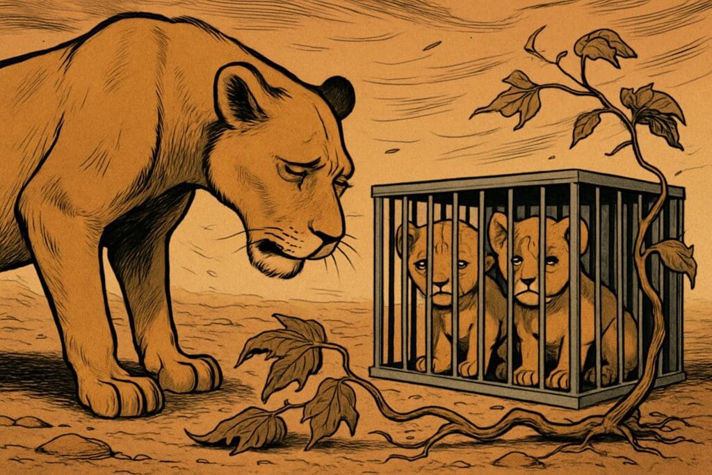 Comic book style illustration depicting a scene from Ezekiel chapter 19