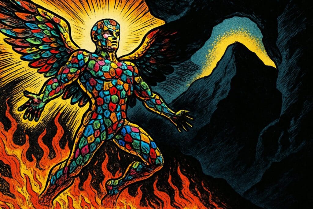 Comic book style illustration depicting a scene from Ezekiel chapter 28