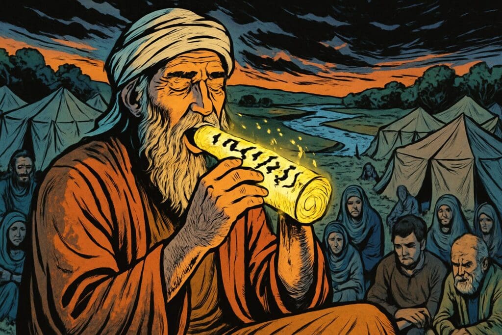 Comic book style illustration depicting a scene from Ezekiel chapter 3