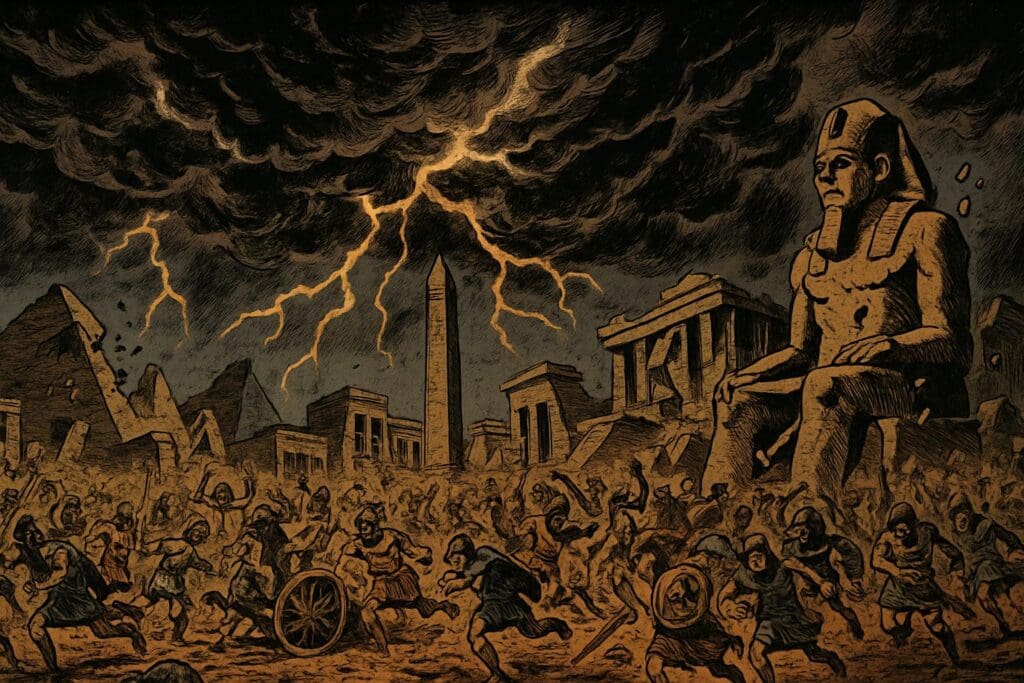 Comic book style illustration depicting a scene from Ezekiel chapter 30