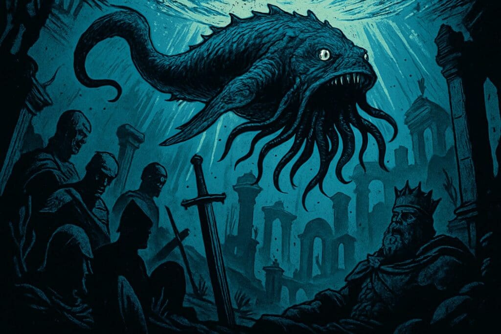 Comic book style illustration depicting a scene from Ezekiel chapter 32