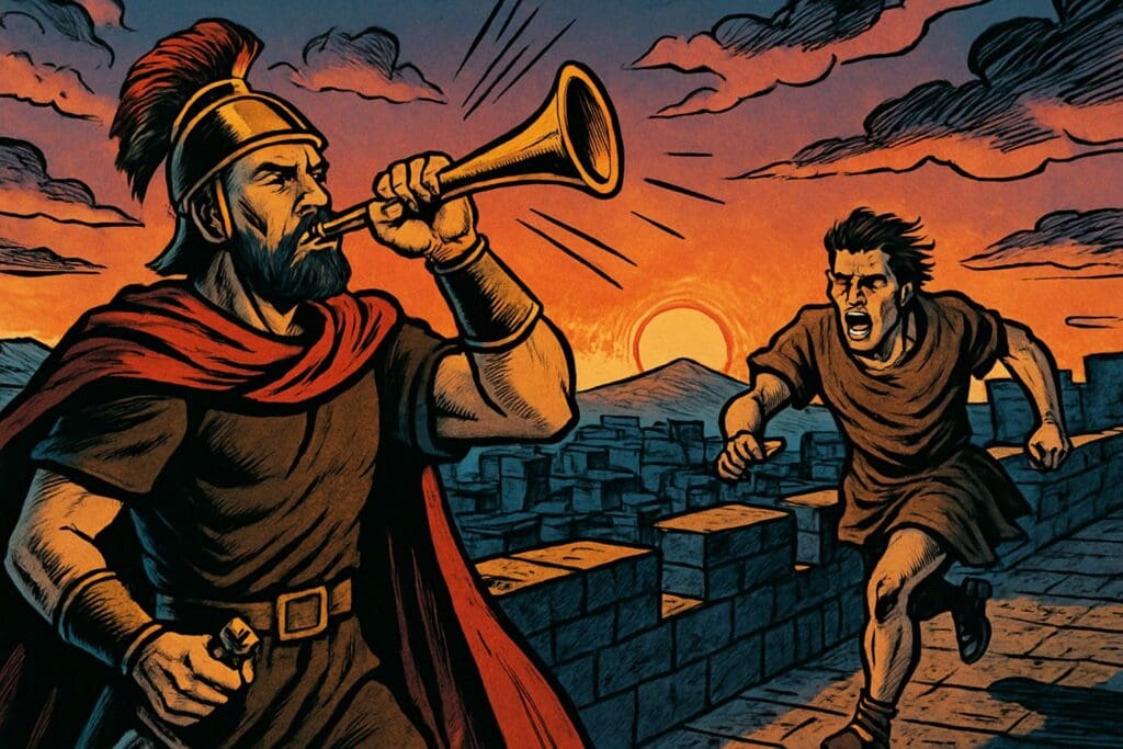 Comic book style illustration depicting a scene from Ezekiel chapter 33