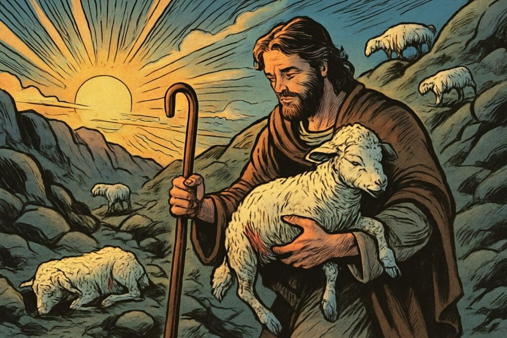 Comic book style illustration depicting a scene from Ezekiel chapter 34