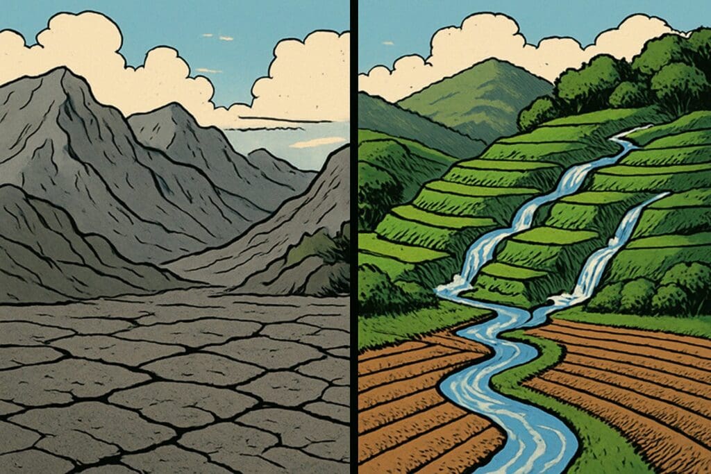 Comic book style illustration depicting a scene from Ezekiel chapter 36