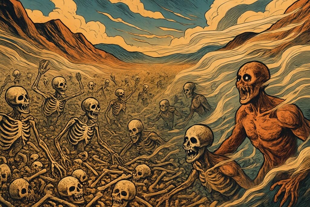 Comic book style illustration depicting a scene from Ezekiel chapter 37