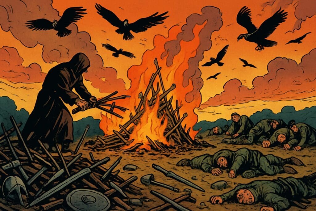 Comic book style illustration depicting a scene from Ezekiel chapter 39