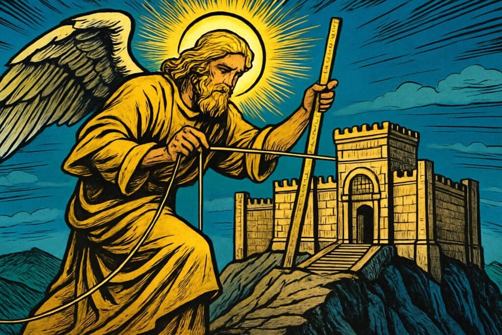 Comic book style illustration depicting a scene from Ezekiel chapter 40