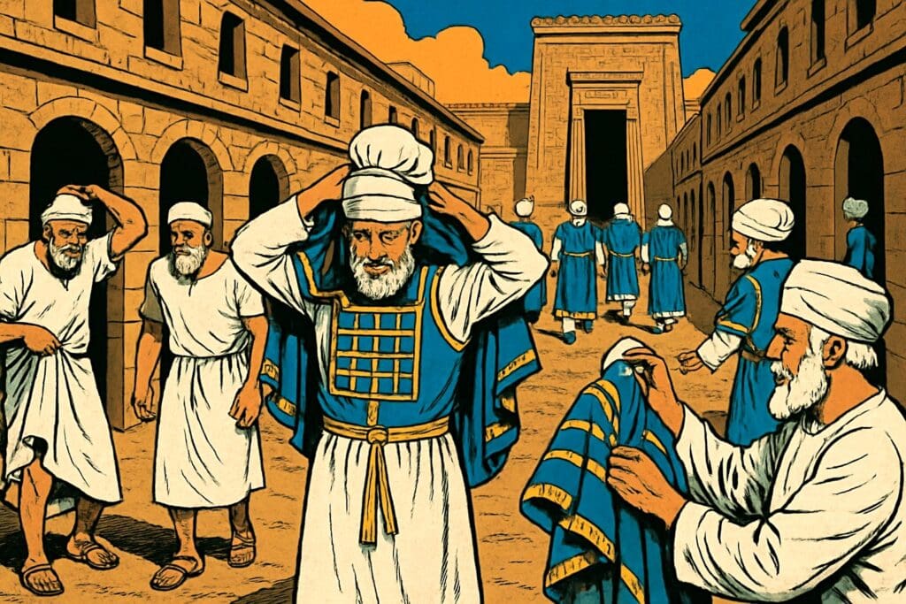 Comic book style illustration depicting a scene from Ezekiel chapter 42