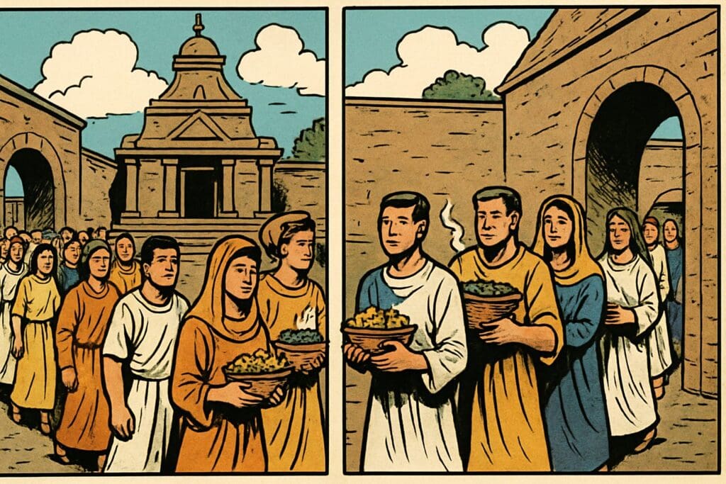 Comic book style illustration depicting a scene from Ezekiel chapter 46