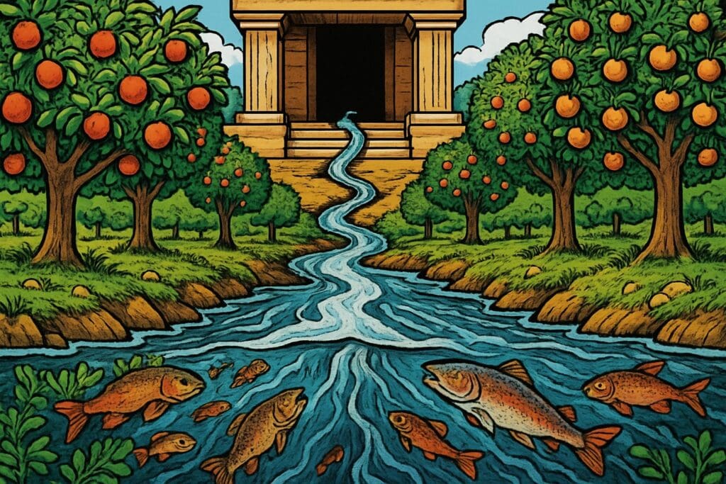 Comic book style illustration depicting a scene from Ezekiel chapter 47