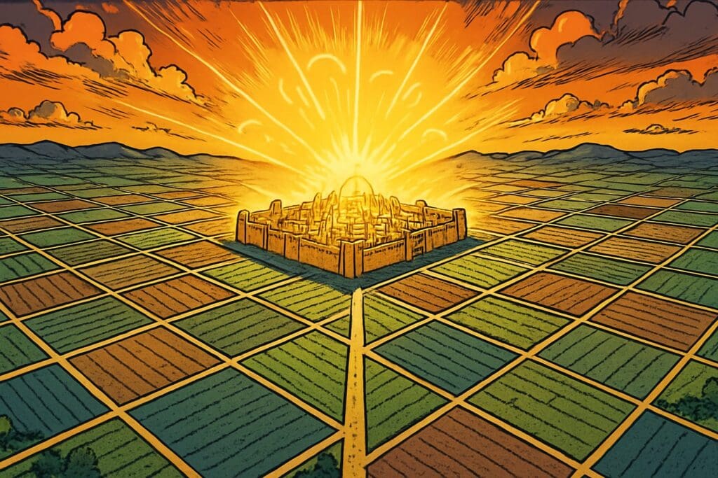 Comic book style illustration depicting a scene from Ezekiel chapter 48