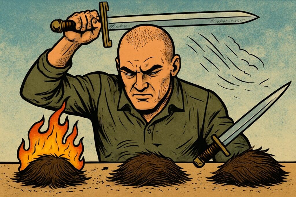 Comic book style illustration depicting a scene from Ezekiel chapter 5