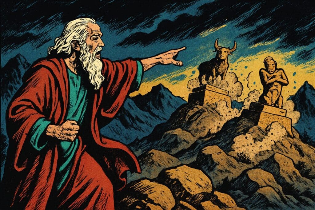Comic book style illustration depicting a scene from Ezekiel chapter 6