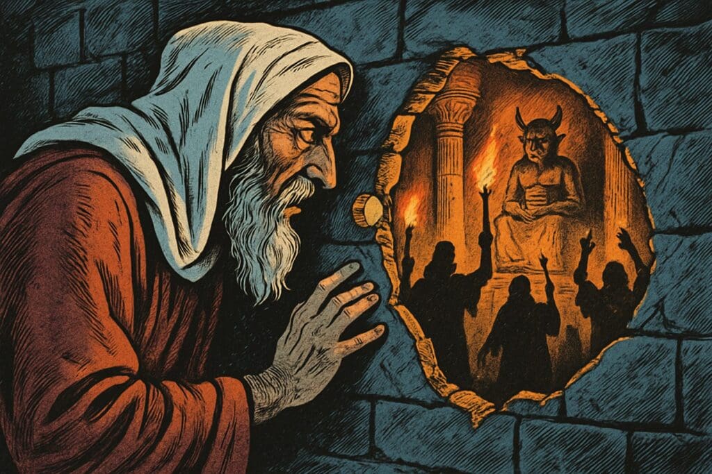 Comic book style illustration depicting a scene from Ezekiel chapter 8