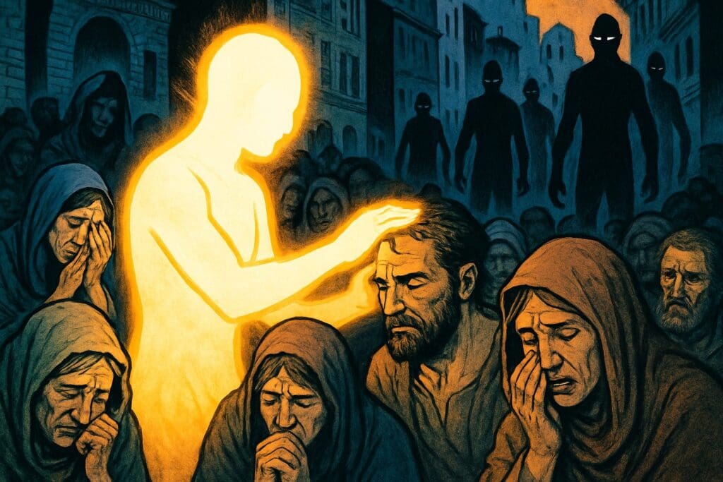 Comic book style illustration depicting a scene from Ezekiel chapter 9