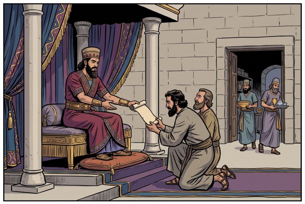 Comic book style illustration depicting a scene from Ezra chapter 1