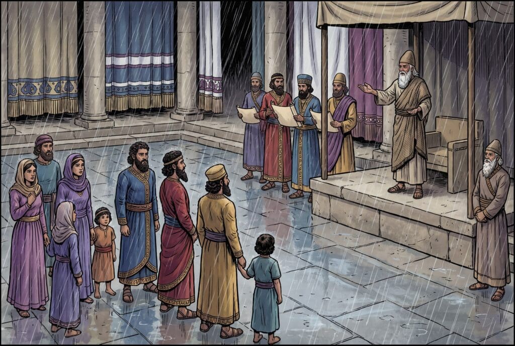 Comic book style illustration depicting a scene from Ezra chapter 10